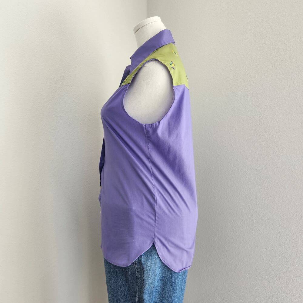70s Vintage Western Style Purple Green Floral Sleeveless Shirt USA Poly Cotton M - Picture 3 of 5